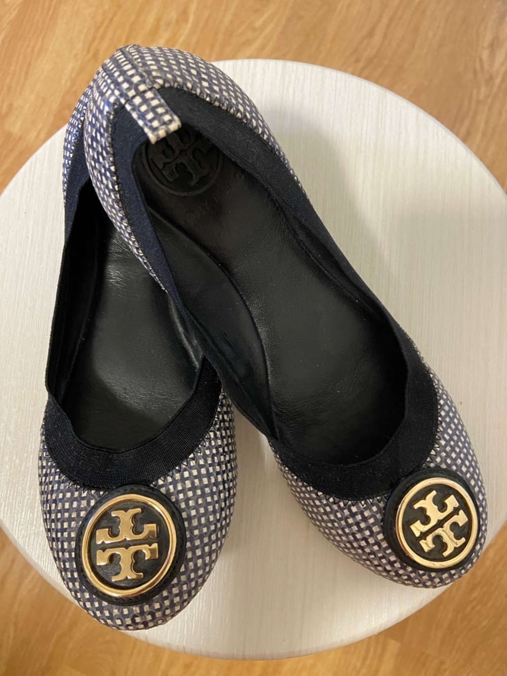 Tory Burch Navy and White Patterned Logo Ballet Flats